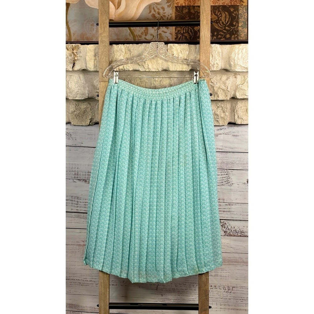 Leslie Fay Teal White Geometric Accordion Pleat Midi Skirt Petite 16P - Picture 9 of 9